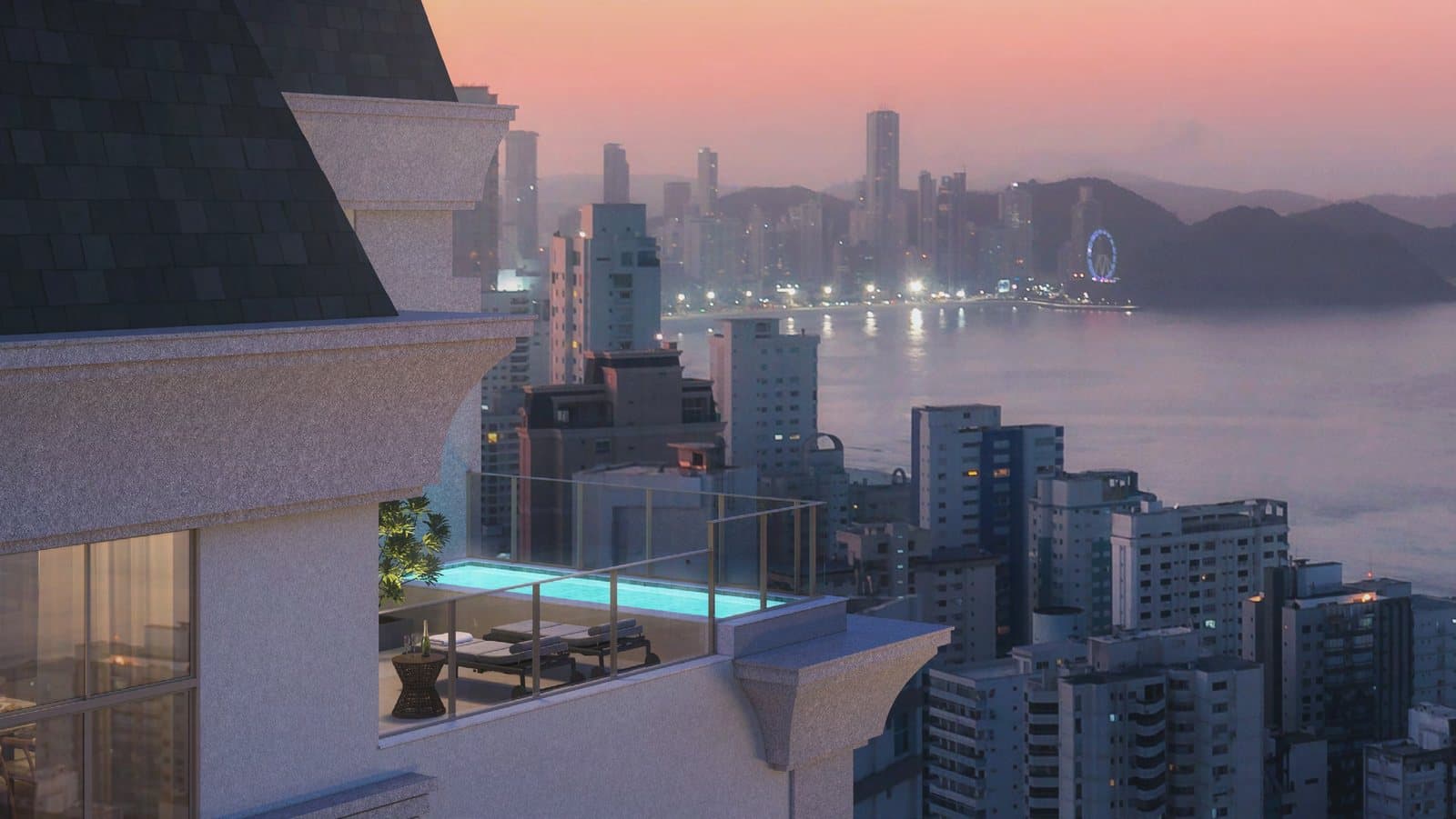 Piscina rooftop ao entardecer
