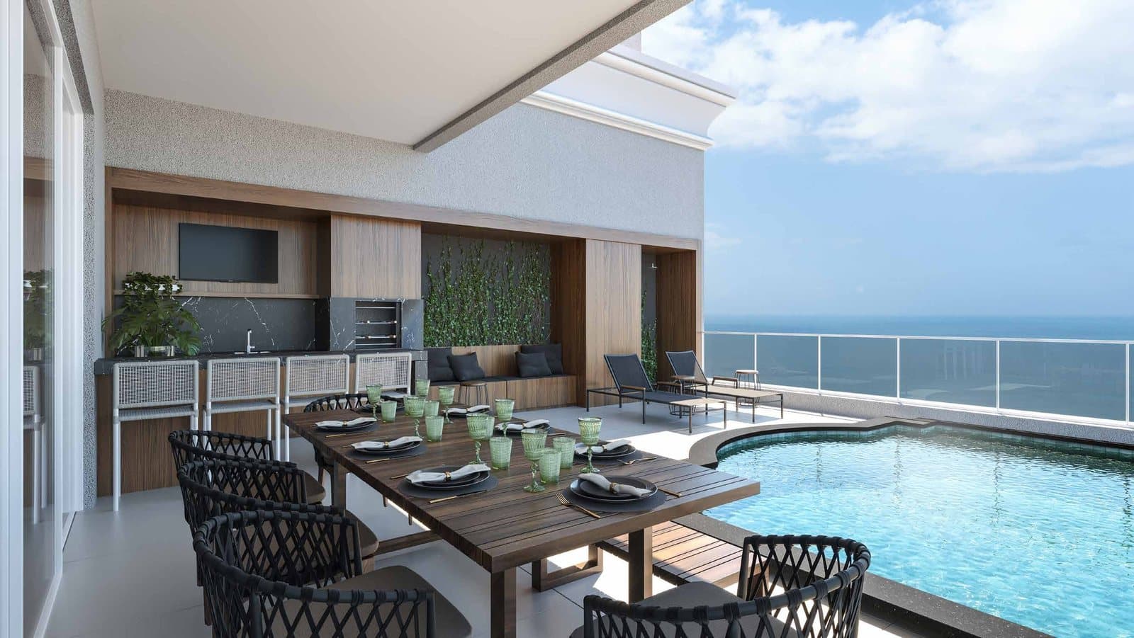 Terraço com piscina e vista para o mar